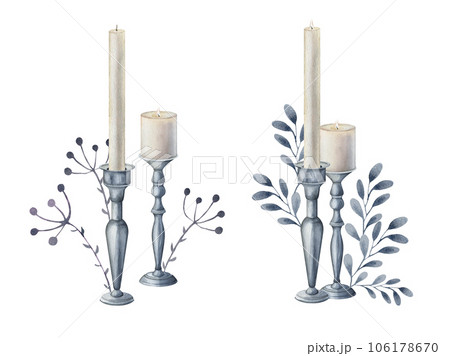 watercolor candlestick candle clipart. Isolated illustration hand drawn on white background. Halloween theme gothic horror witchy burning. print on the theme of pagan witchcraft, esoterics watercolor candlestick candle clipart. Isolated illustration hand drawn on white background. Halloween theme gothic horror witchy burning. print on the theme of pagan witchcraft, esoterics 106178670