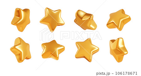 Floating golden glossy star in different angles 3d illustration collection. Flying gold star-shaped design element for rating or winner concept. Symbol of best rating and customer satisfaction. 106178671