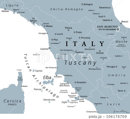 Tuscany, region in central Italy, gray political map with popular tourist spots like Florence, Castiglione della Pescaia, Pisa, Lucca, Grosseto and Siena. The Tuscan Archipelago is part of the region. Tuscany, region in central Italy, gray political map with popular tourist spots like Florence, Castiglione della Pescaia, Pisa, Lucca, Grosseto and Siena. The Tuscan Archipelago is part of the region. 106178709