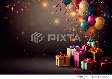 Colorful balloons, gifts. Festive background. enerative AI. 106178882