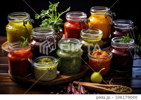 variety of homemade sauces in glass jars 106179000