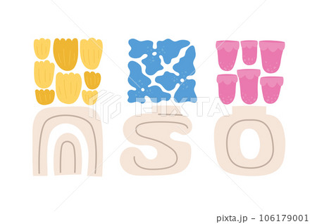 Abstract modern flowers composition in vases. Bright simple tulips, bell, hydrangea for card, poster, wall art. 106179001