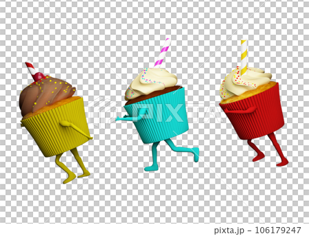 Fat cupcake with cream and candies run with legs and arms. 3d rendering Fat cupcake with cream and candies run with legs and arms. 3d rendering 106179247