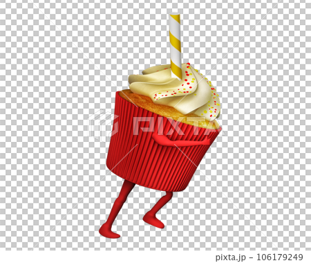 Fat cupcake with cream and candies run with legs and arms. 3d rendering 106179249