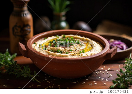 close-up of creamy hummus in rustic earthen bowlのイラスト素材 [106179431] - PIXTA