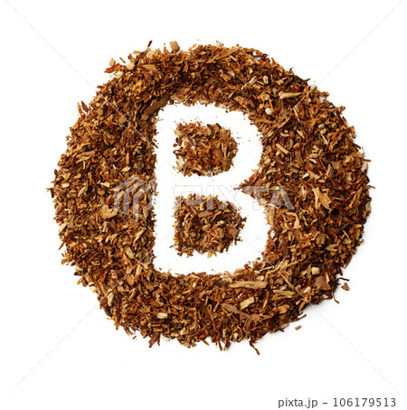 Letter B made of cigarettes dried smoking tobacco on white background Letter B made of cigarettes dried smoking tobacco on white background 106179513
