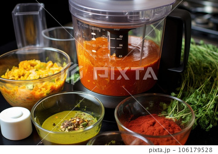 blending gazpacho in a food processor, close-up 106179528