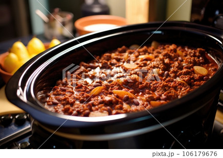 chili simmering in a slow cooker 106179676