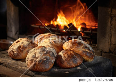 close-up of bread rolls in a rustic oven close-up of bread rolls in a rustic oven 106179780