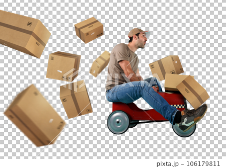 Courier drive fast with a toy car as express and rapid delivery 106179811