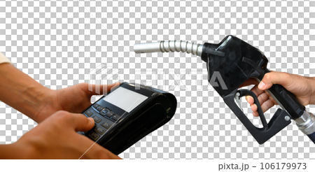 Bank pos ready to pay for a car fuel refueling 106179973