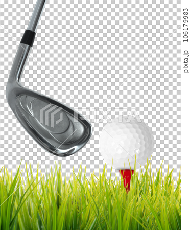 Golf game with club hitting a ball on the lawn Golf game with club hitting a ball on the lawn 106179983