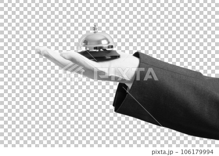 Waiter holds a bell in hand. Concept of first class service in your business 106179994