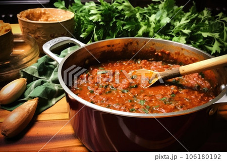 finished homemade pasta sauce with a ladle 106180192