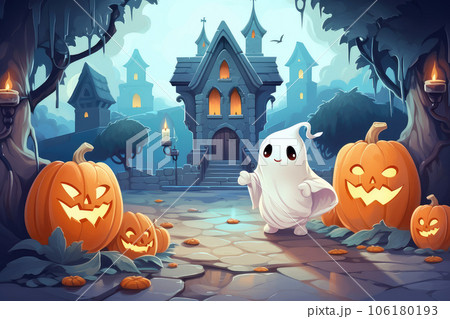 Cute baby ghost in cemetry. Generative ai 106180193