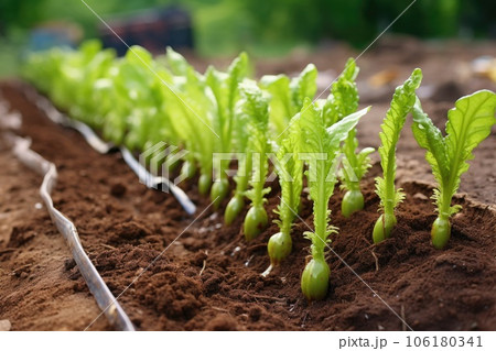slugs damaging a row of seedlings 106180341
