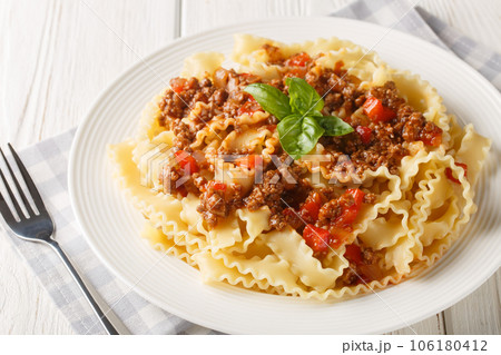 Tasty homemade Reginette Bolognese pasta closeup on the plate on the white table. Horizontal Tasty homemade Reginette Bolognese pasta closeup on the plate on the white table. Horizontal 106180412