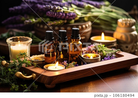 aromatherapy oils and candles on a wooden tray 106180494