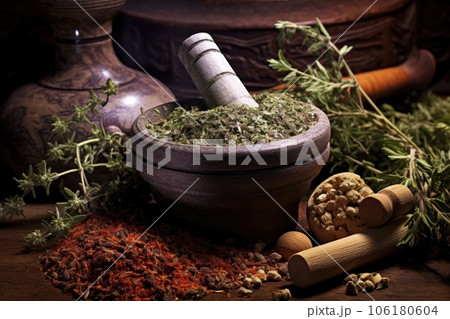 close-up of pestle and mortar with crushed medicinal herbs close-up of pestle and mortar with crushed medicinal herbs 106180604