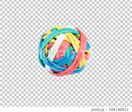 Isolated rubber band ball of colored elastic 106180612