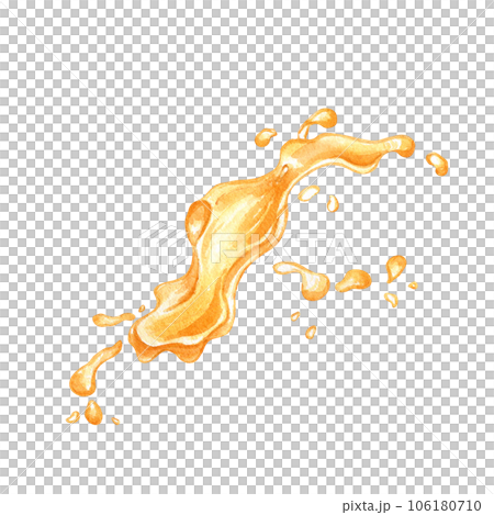 Splash juice of orange berries, fruit watercolor illustration isolated on white. Peach, mango, pumpkin yellow liquid hand drawn. Design element for packaging, menu, label, drink, ice-cream, tableware 106180710
