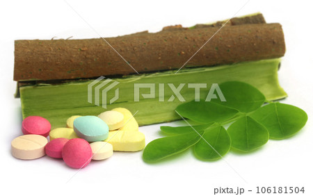 Moringa leaves and bark with pills 106181504