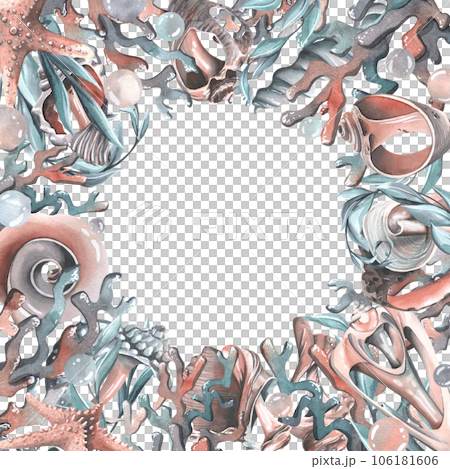 Seashells, starfishes, bubbles, algae and corals turquoise. Watercolor illustration hand drawn. Circle frame, wreath, template on a white background 106181606