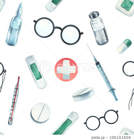 A set of medical equipment. Watercolor illustration, hand drawn, for the design and design of hospitals, clinics, pharmacies. Seamless pattern on a white background 106181608