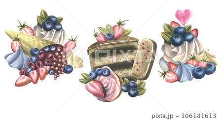 A set of cakes with brownies, donuts, meringue, lollipops, strawberries and blueberries. Watercolor illustration hand drawn. Set of isolated compositions on a white background A set of cakes with brownies, donuts, meringue, lollipops, strawberries and blueberries. Watercolor illustration hand drawn. Set of isolated compositions on a white background 106181613