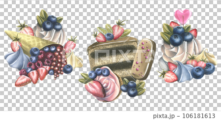 A set of cakes with brownies, donuts, meringue, lollipops, strawberries and blueberries. Watercolor illustration hand drawn. Set of isolated compositions on a white background A set of cakes with brownies, donuts, meringue, lollipops, strawberries and blueberries. Watercolor illustration hand drawn. Set of isolated compositions on a white background 106181613