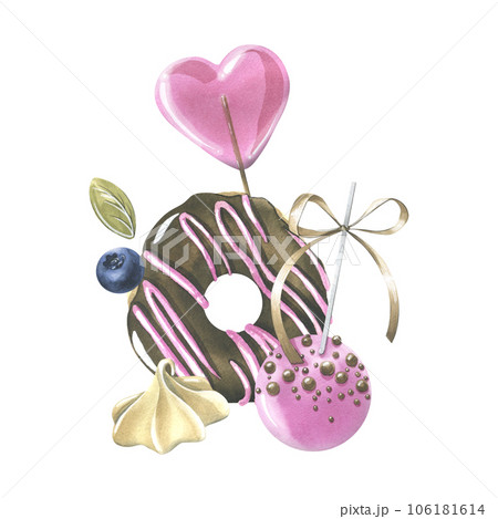 Glazed donut with chocolate, lollipop, cakepop, meringue and berries. Hand drawn watercolor illustration for prints, menus, stickers. Isolated composition on a white background Glazed donut with chocolate, lollipop, cakepop, meringue and berries. Hand drawn watercolor illustration for prints, menus, stickers. Isolated composition on a white background 106181614