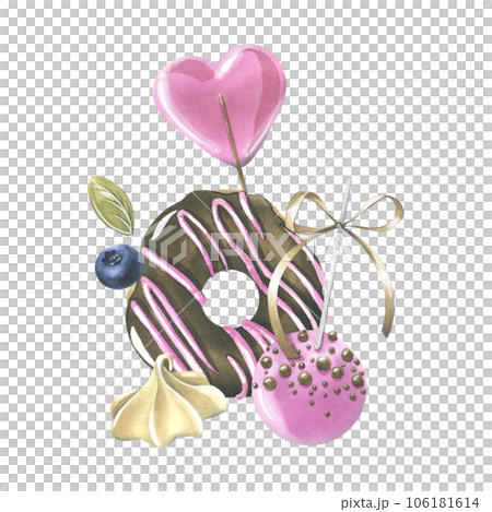 Glazed donut with chocolate, lollipop, cakepop, meringue and berries. Hand drawn watercolor illustration for prints, menus, stickers. Isolated composition on a white background Glazed donut with chocolate, lollipop, cakepop, meringue and berries. Hand drawn watercolor illustration for prints, menus, stickers. Isolated composition on a white background 106181614