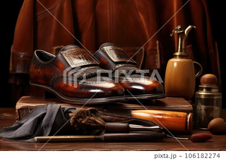 leather shoes being polished with brush 106182274