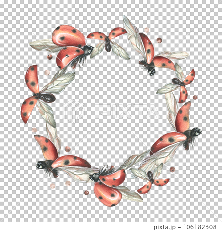 Red ladybugs with black dots flying with berries. watercolor illustration, hand drawn. Round frame, wreath, template on a white background. Red ladybugs with black dots flying with berries. watercolor illustration, hand drawn. Round frame, wreath, template on a white background. 106182308