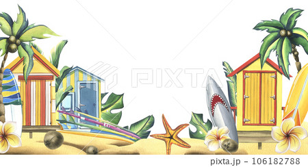 Surfboards, wooden beach cabines, tropical plants and flowers, sandy island. Watercolor illustration hand drawn. Template, board, frame on a white background. 106182788
