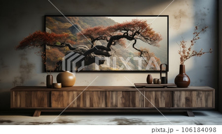 Front view of modern luxury loft style living room. Dark grunge wall and floor, large painting with landscape, console with decorative vases, home decor. Mockup, 3D rendering. Front view of modern luxury loft style living room. Dark grunge wall and floor, large painting with landscape, console with decorative vases, home decor. Mockup, 3D rendering. 106184098