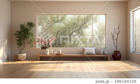 Aesthetic minimalist composition of japandi living room interior. Wooden table-bench with pillows, decorative vases with plants and dried flowers, wooden floor, large window. Home decor. Template. 106184326