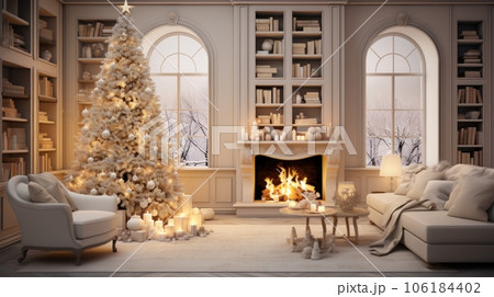 Interior of classic white living room with Christmas decor. Blazing fireplace, candles and baubles, elegant Christmas tree, comfortable sofa and armchair, bookshelves, large windows with forest view. Interior of classic white living room with Christmas decor. Blazing fireplace, candles and baubles, elegant Christmas tree, comfortable sofa and armchair, bookshelves, large windows with forest view. 106184402