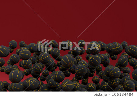 Many of flying black basketball ball falling on red background Many of flying black basketball ball falling on red background 106184484