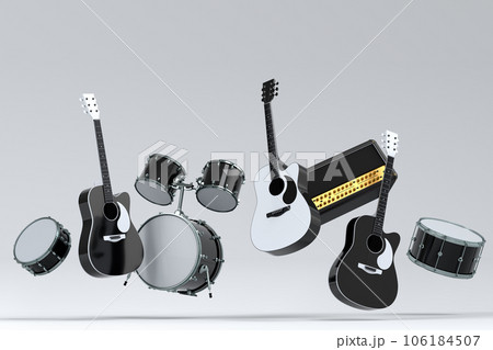 Set of electric acoustic guitars and drums with cymbals on white background 106184507
