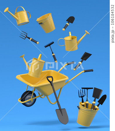 Garden wheelbarrow with garden tools like shovel, rake and fork on blue 106184532