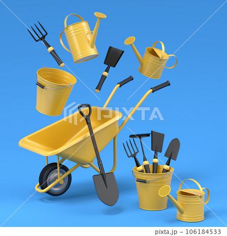 Garden wheelbarrow with garden tools like shovel, rake and fork on blue 106184533