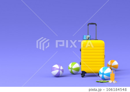 Colorful suitcase or baggage with beach accessories on violet background. 106184548