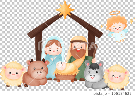 Cute cartoon illustration Nativity of Jesus, birth of Jesus. 106184625