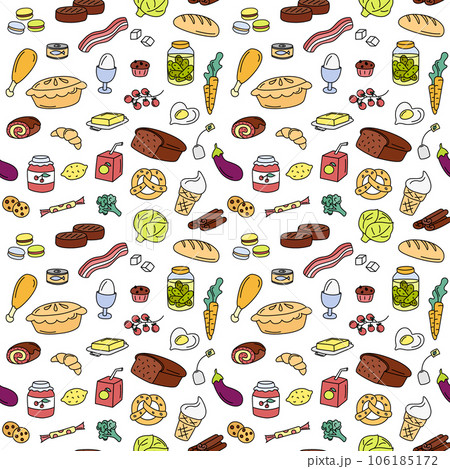 Food seamless pattern. Colorful doodle meal elements on white background. Cute repeat outline illustration with fruits, vegetables, bread, meat and grocery products 106185172