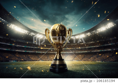 Large cup and soccer ball, a football trophy on the stadium 106185194
