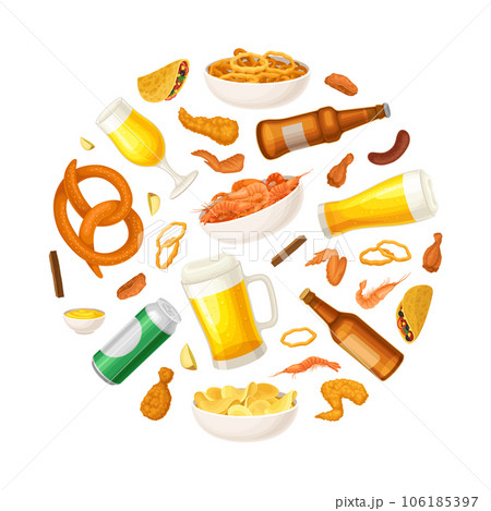 Beer Festival Round Composition Design with Snack and Alcoholic Drink Vector Template 106185397