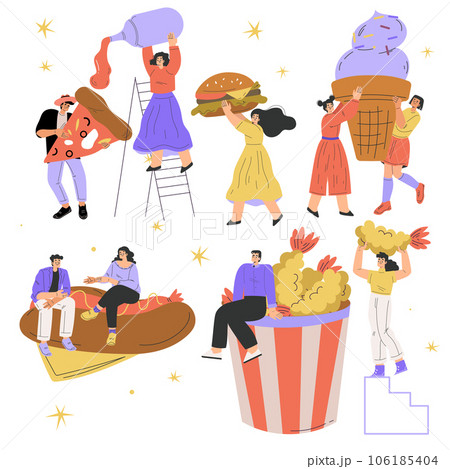 People Characters with Big Fastfood Object Vector Set 106185404