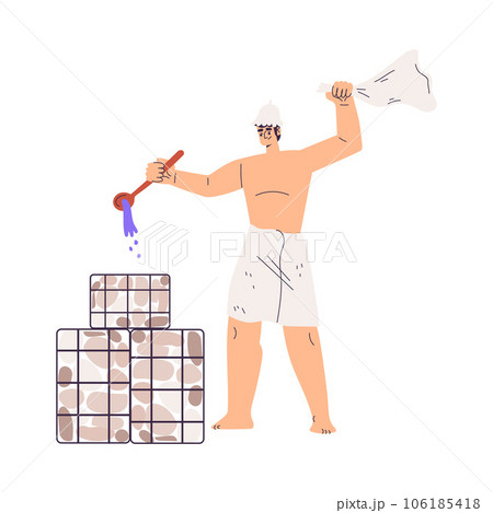 Man Bathing in Sauna and Taking Steam Bath Pouring Water to Hot Stone Vector Illustration 106185418