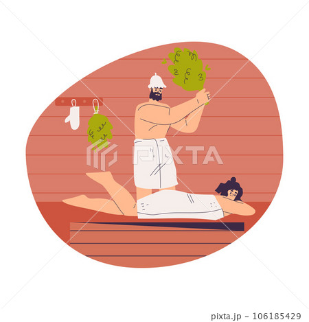 Man and Woman Bathing in Sauna with Besom and Taking Steam Bath Vector Illustration Man and Woman Bathing in Sauna with Besom and Taking Steam Bath Vector Illustration 106185429